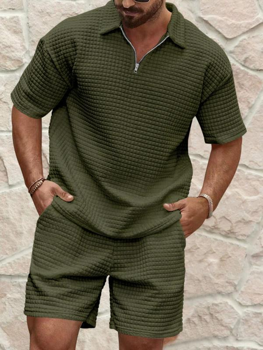 Men Casual Textured Polo & Shorts Co‑ord