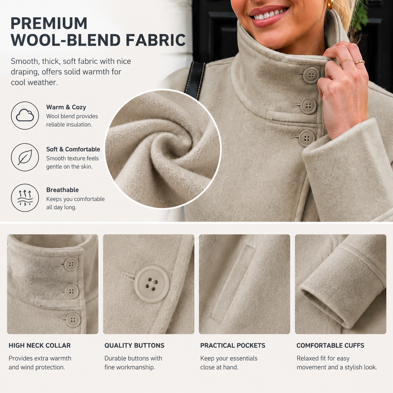 Button Front Stand Collar Cropped Wool Blend Outerwear