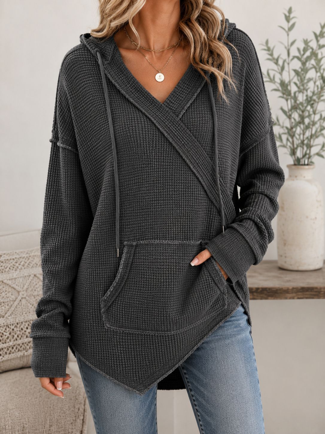 Casual Wrap‑Front Hooded Waffle Knit Relaxed Fit Top