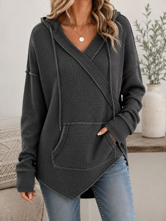 Casual Wrap‑Front Hooded Waffle Knit Relaxed Fit Top
