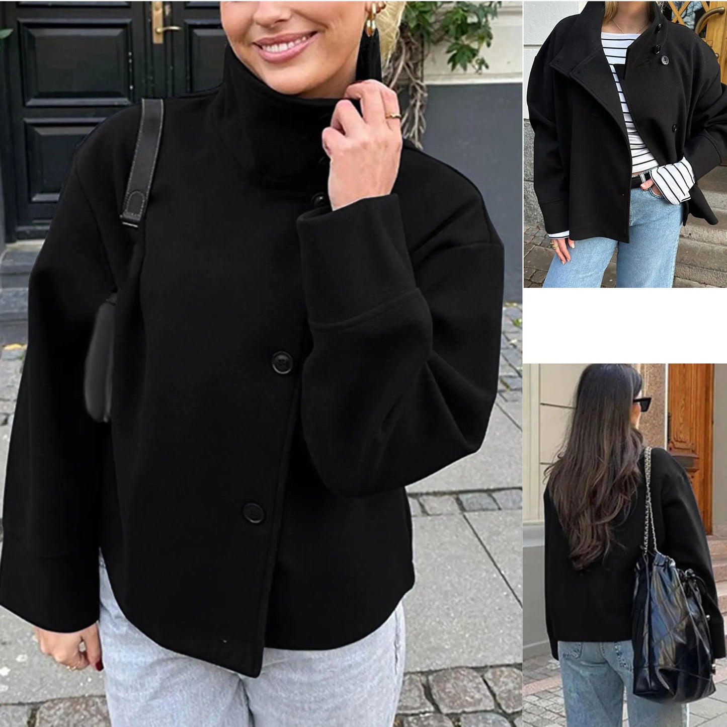 Button Front Stand Collar Cropped Wool Blend Outerwear