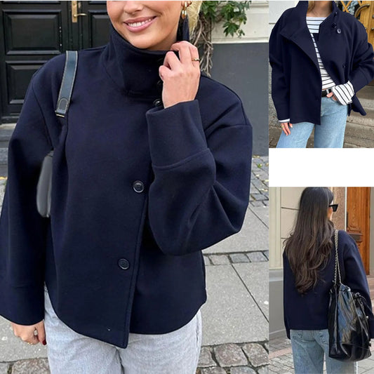 Button Front Stand Collar Cropped Wool Blend Outerwear