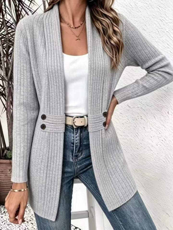 Women Ribbed Knit Open Front Cardigan