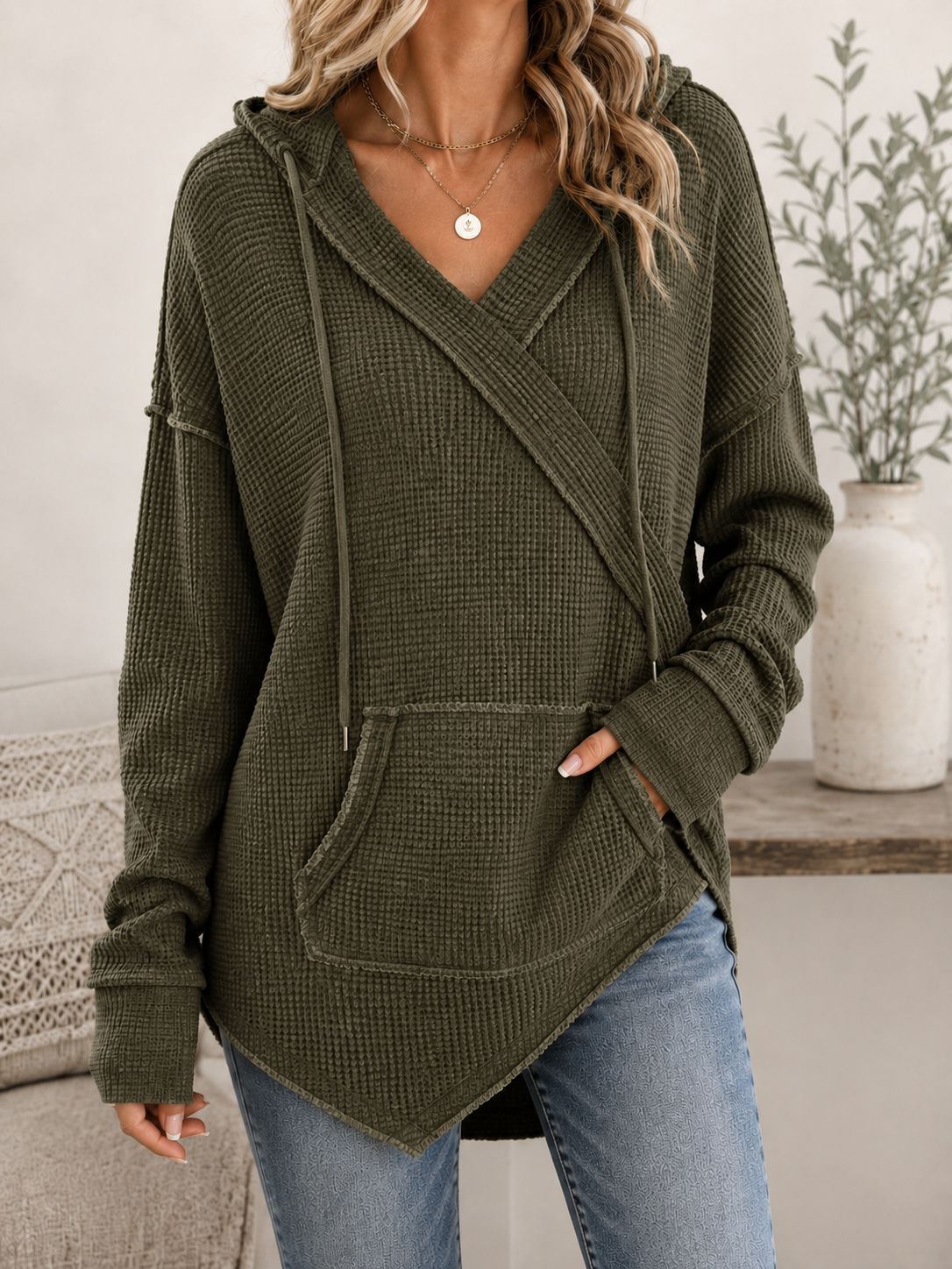 Casual Wrap‑Front Hooded Waffle Knit Relaxed Fit Top