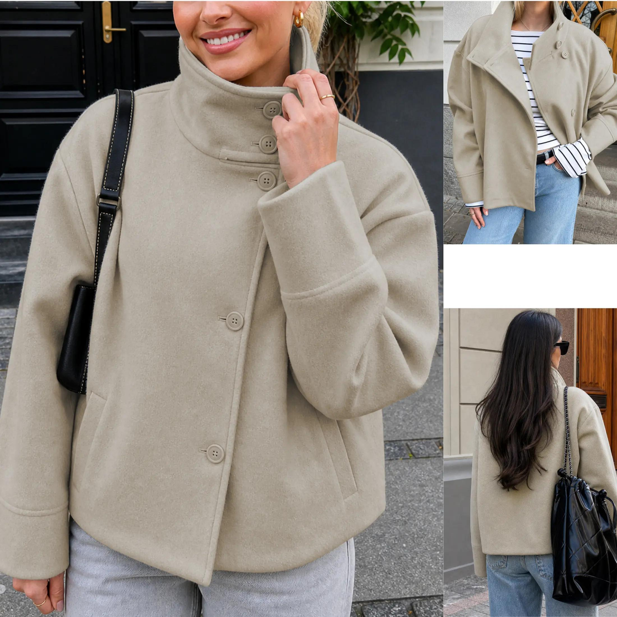 Button Front Stand Collar Cropped Wool Blend Outerwear