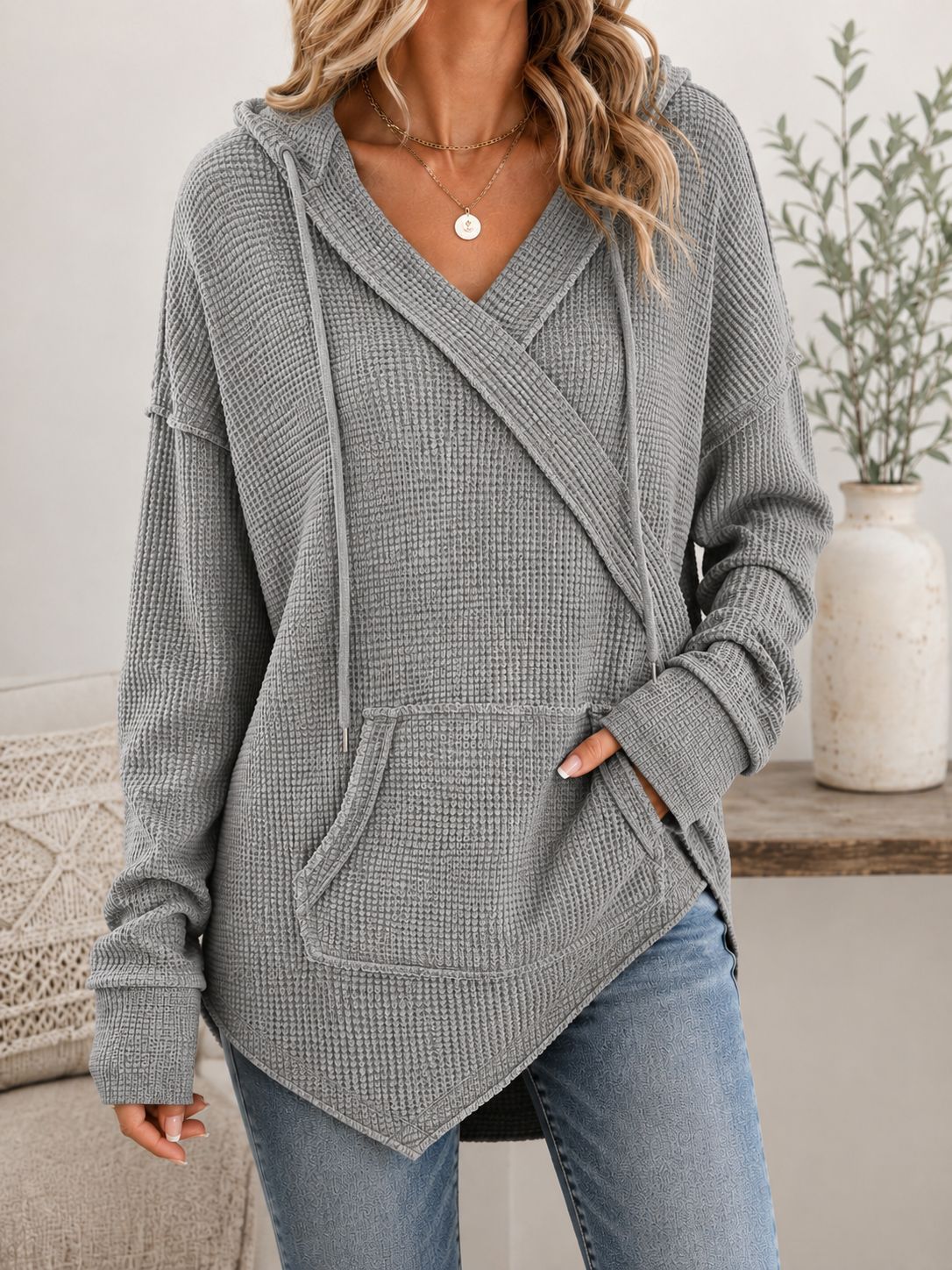 Casual Wrap‑Front Hooded Waffle Knit Relaxed Fit Top
