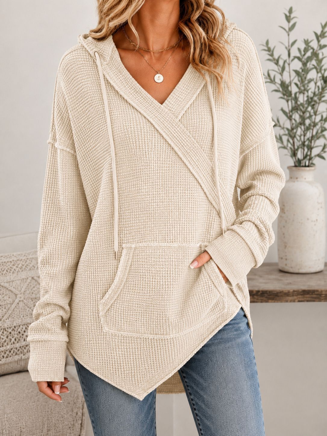 Casual Wrap‑Front Hooded Waffle Knit Relaxed Fit Top